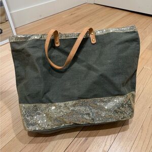 Sequin Trim Tote Bag - Gray and Gold